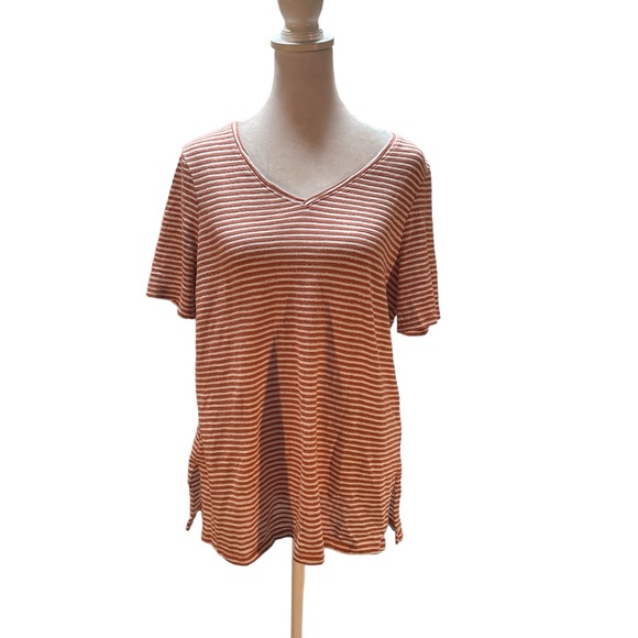 Chico's Melon, White & Shiny Silver Striped Short Sleeve The Ultimate Tee Medium - Picture 2 of 11